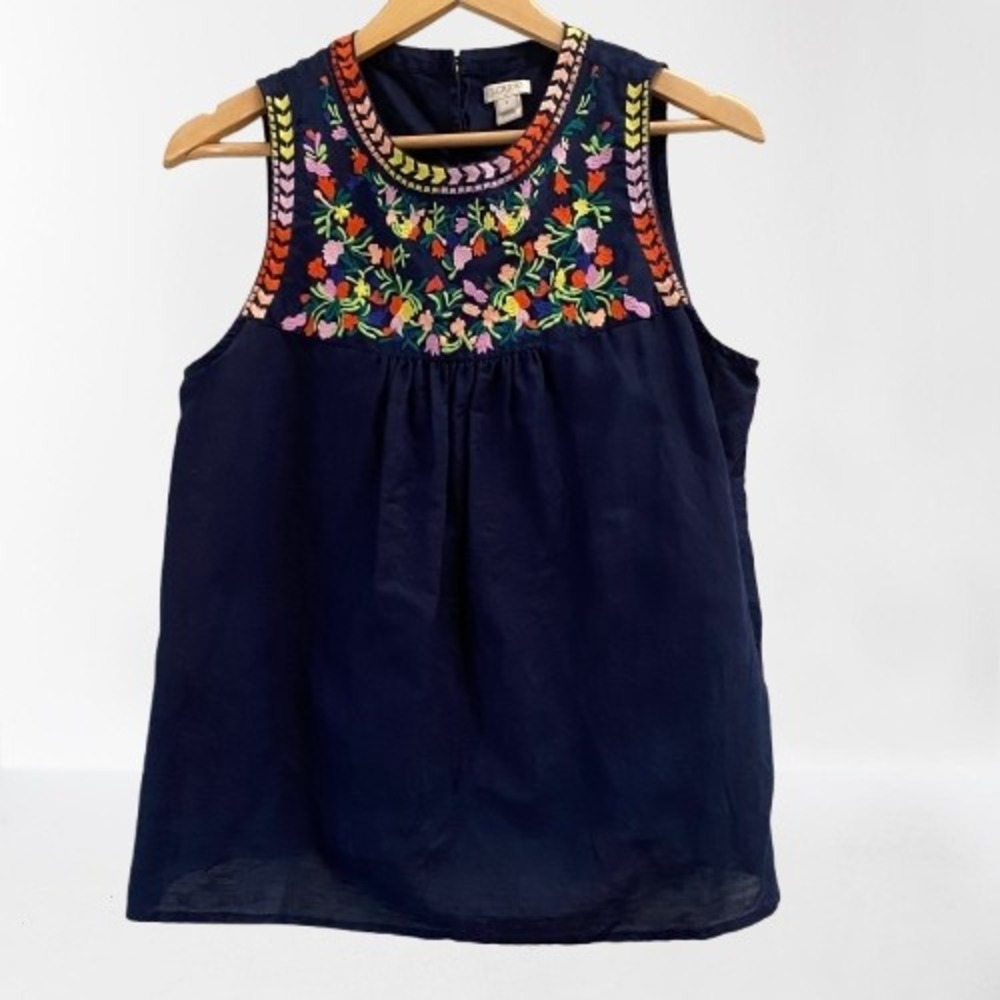 J. Crew Navy Blue Floral Embroidered Sleeveless Linen Tank Top Size 8 - Picture 2 of 4